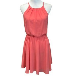 Blue Rain Short Dress Coral/Orange Halter Neck Spaghetti Strap Elastic Waist S